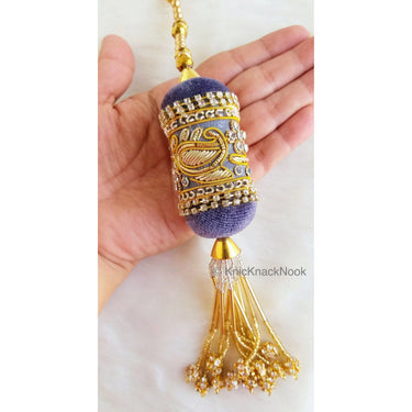 Velvet Fabric Bolster Tassels In Antique Gold Zardozi Embroidery, Rhinestones & Pearls, Indian Embellishment